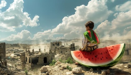 A boy sits on a giant watermelon against the backdrop of city ruins