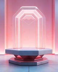 Illuminate a futuristic fluorescent pentagon podium set against a gentle pastel wash for a striking visual