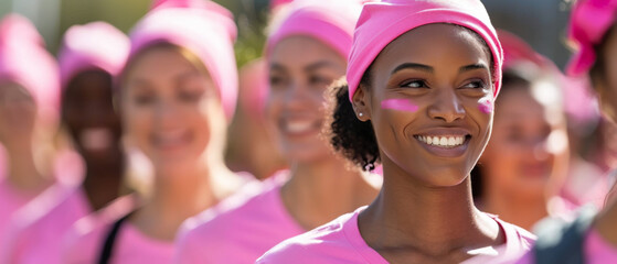 A group of women wearing pink hats and shirts are smiling and posing for a photo