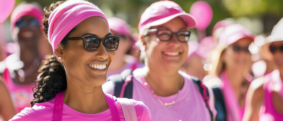 A group of women wearing pink shirts and hats are smiling and walking together