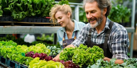 A smiling farmer couple proudly tends to their organic vegetable store, offering fresh produce to customers