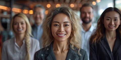 Fototapeta premium A creative, professional group portrait of businesspeople in a cheerful office meeting, collaborating on marketing strategies