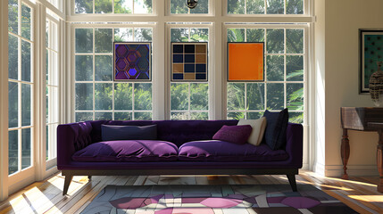 Three vacant hexagonal posters on the wall over a purple chaise lounge in the sunroom. The posters are replicas. 