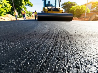 Asphalt roller at work, construction of new roads, repair of pavement, lining country roads, modern construction equipment