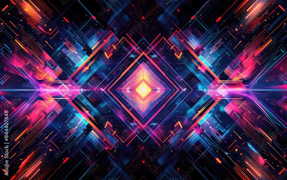 Poster a vibrant, futuristic abstract design with neon geometric patterns and a dynamic, symmetrical compos