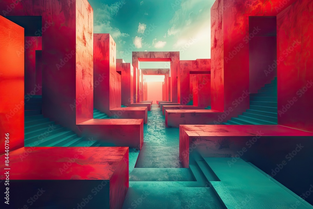 Poster abstract architectural design with red geometric structures and vivid lighting, creating a surreal, 