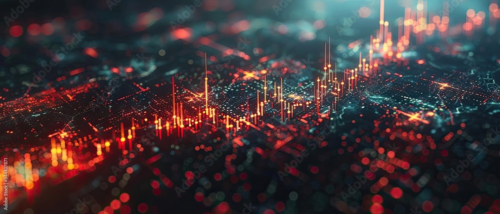 Poster abstract digital cityscape with glowing lights and futuristic data visualization, creating a vibrant