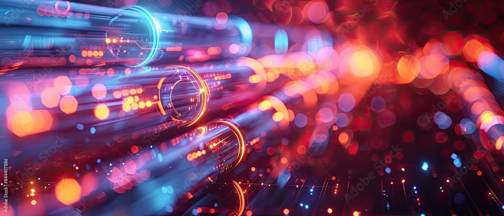 Poster abstract digital technology background with colorful neon lights and optical fiber lines, representi