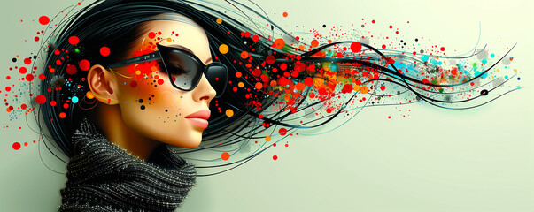 Naklejka premium A woman with a colorful, abstract background and a black scarf. The woman is wearing sunglasses and has a red nose