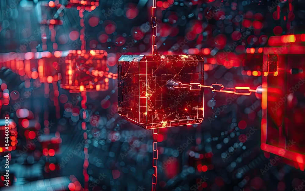 Poster futuristic red and black blockchain technology concept with interconnected glowing cubes, representi