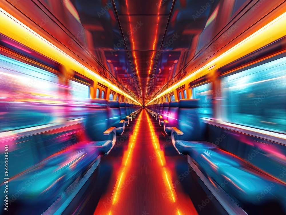 Poster vibrant, futuristic railway carriage with neon lights creating a sense of speed and motion. abstract