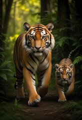 Obraz premium A large adult Bengal tiger and a smaller tiger cub walking through a lush, green forest environment