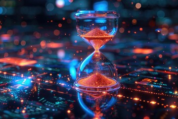 Hourglass with digital background, symbolizing time management, technology, and innovation with bright, illuminated colors.