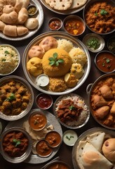 A variety of traditional Indian dishes including biryani served on a table