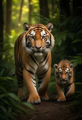 Obraz premium A large adult Bengal tiger and a smaller tiger cub walking through a lush, green forest environment