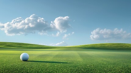 Sports and Athletic Excellence: A golf ball on a green field under a clear blue sky.