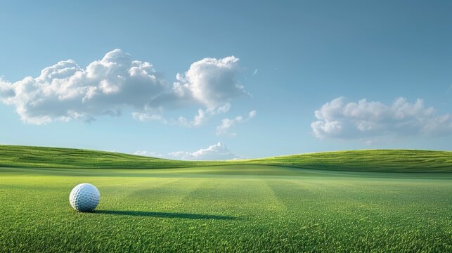 Sports and Athletic Excellence: A golf ball on a green field under a clear blue sky.