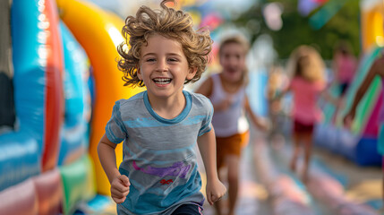 Obraz premium young boy with curly blonde hair is joyfully running towards the camera in an outdoor amusement park, with colorful inflatable structures in the background and other children playing around
