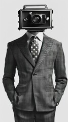 Man in Suit with Vintage Camera Head. Generative ai
