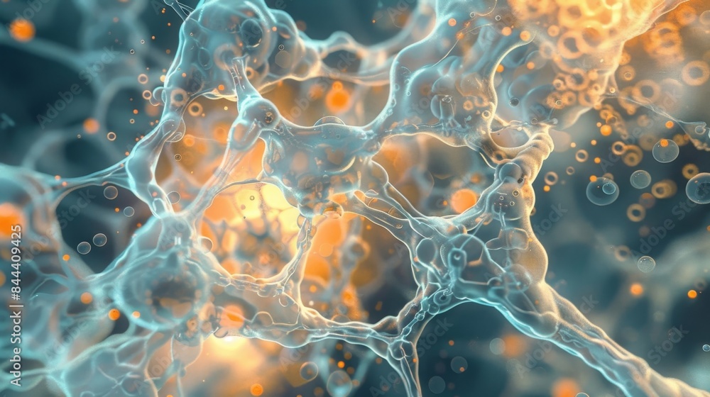 Poster a network of tangled tubes with varioussized particles representing the sixth step of glycolysis in 