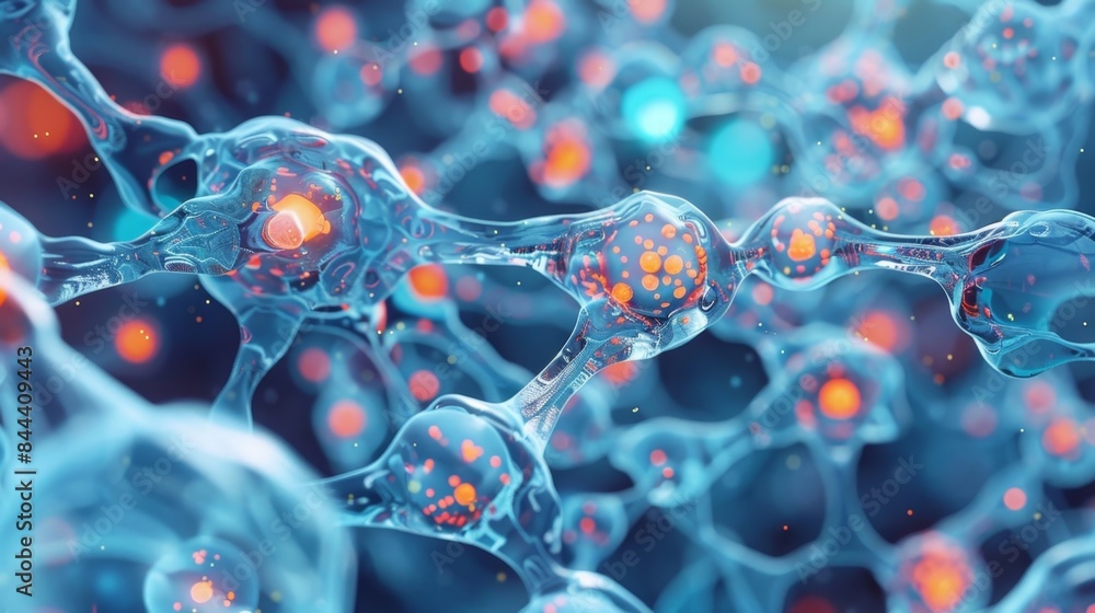 Poster a complex network of pathways with vibrant particles symbolizing the ninth step of glycolysis