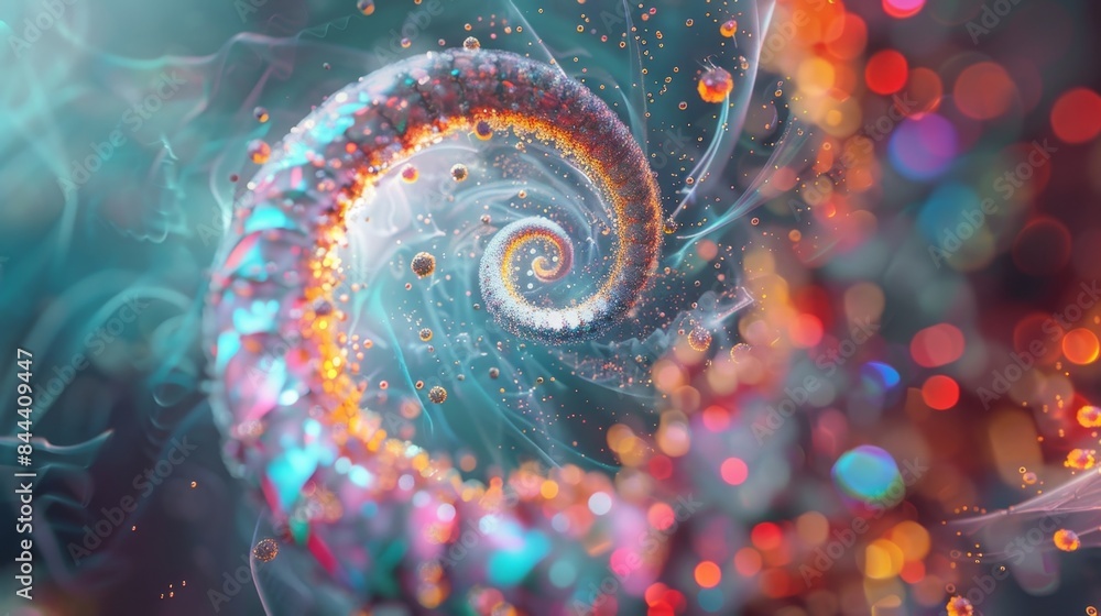 Poster a closeup view of a tiny swirling spiral with colorful particles representing the eighth step of gly