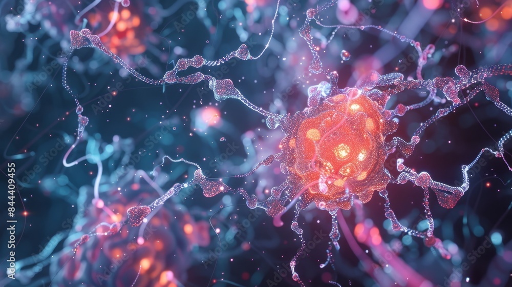 Poster a microscopic view of a complex network of pathways with particles moving in different directions de