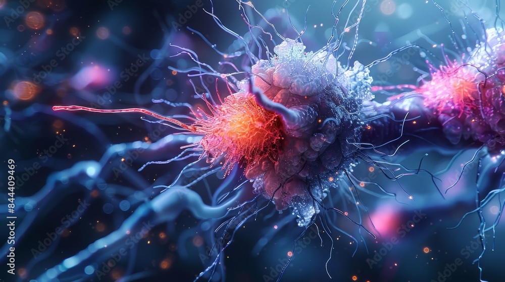 Poster a magnified view of a dendritic cell capturing an antigen and displaying it on its surface highlight