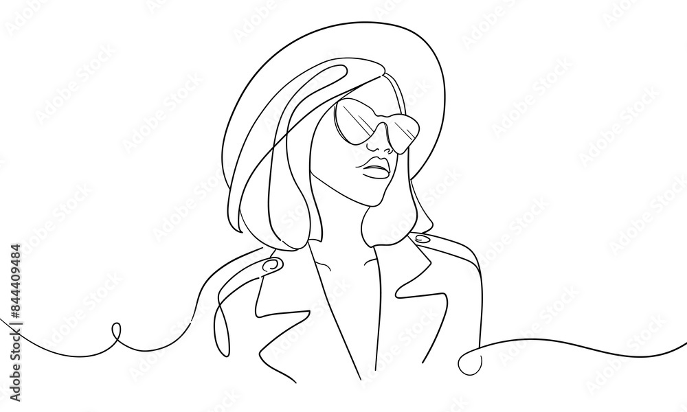 Wall mural stylish girl in a hat continuous line art drawing isolated on white background. aristocratic fashion