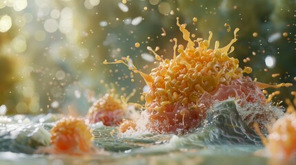 A 3D reconstruction of a macrophage in action releasing enzymes to break down antigens and present them to immune cells