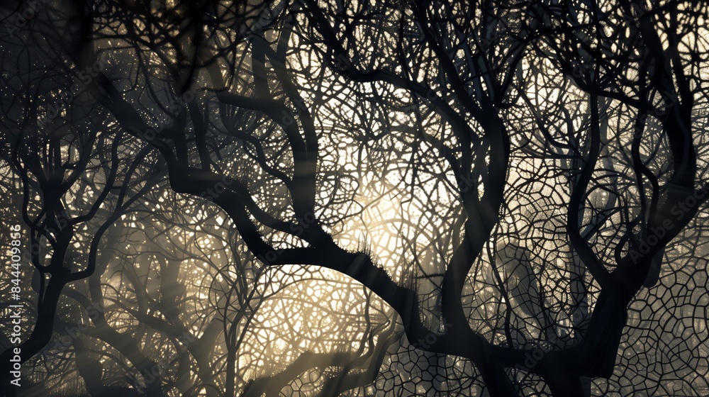 Poster in a mystical forest, branches form complex patterns. sunlight filters through, casting an enchantin