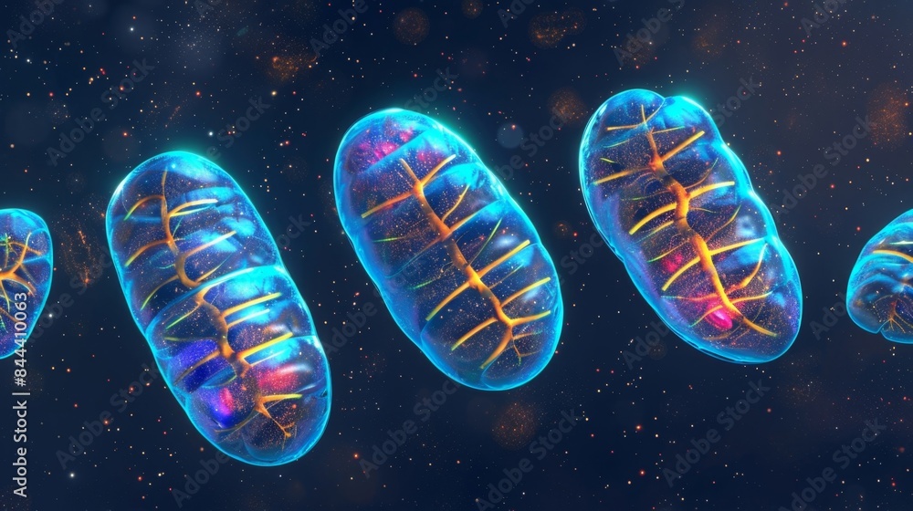 Poster a series of images capturing the different stages of mitochondrial fission from elongation to separa