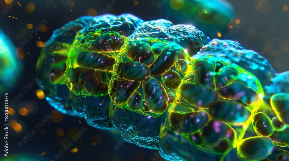 Poster electron microscopy image capturing the intricate structure of a dividing mitochondrion
