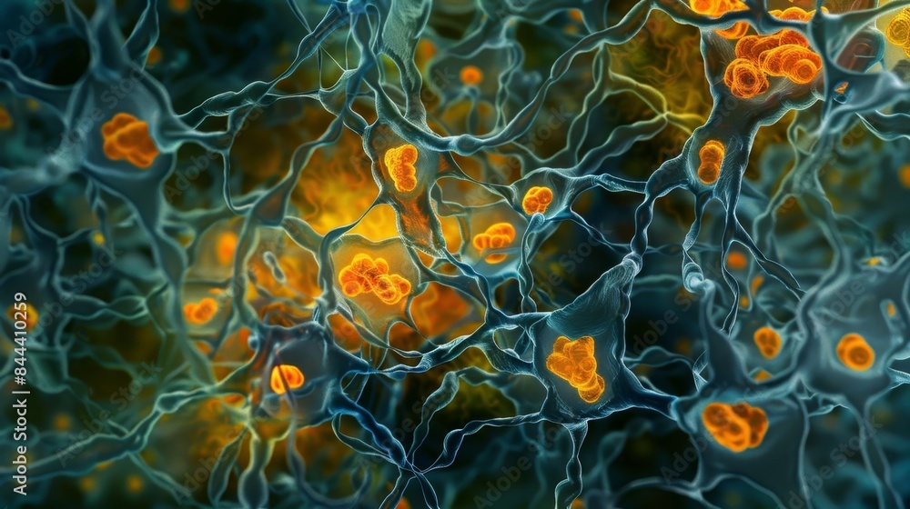 Poster an electron microscopy image revealing a complex network of proteasomes at work within the cytoplasm