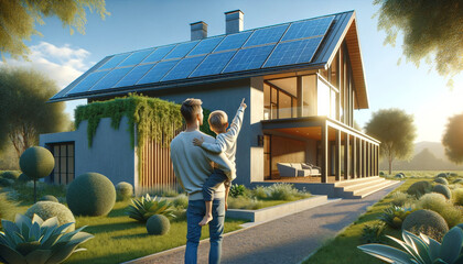 Father Showing Child Their Modern Solar Energy House