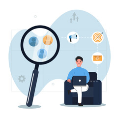 Illustration of the impact of marketing tools on the audience. Character use targeting, email marketing and analyze results. Increase in customers and revenue. Vector.