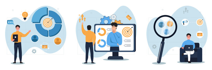 Set of illustrations of the impact of marketing tools on the audience. Characters use targeting, email marketing and analyze results. Increase in customers and revenue. Vector.