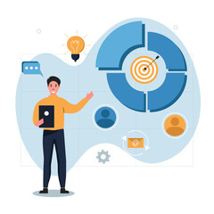 Illustration of the impact of marketing tools on the audience. Character use targeting, email marketing and analyze results. Increase in customers and revenue. Vector.
