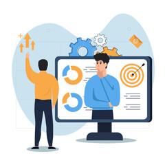 Illustration of the impact of marketing tools on the audience. Character use targeting, email marketing and analyze results. Increase in customers and revenue. Vector.