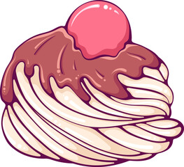 Whipped cream, meringue or soft ice cream swirl with chocolate. Decoration for pie food or cupcake. Vector illustration of dessert in cartoon flat style isolated on white.