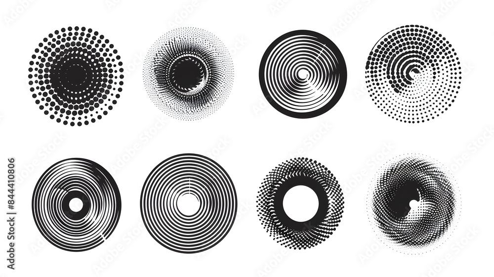Poster vector set of black halftone circular shapes. dots and spirals isolated on white background. abstrac