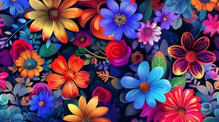 Fototapeta premium a colorful array of flowers, including blue, orange, yellow, pink, and purple blooms, arranged in a row from left to right