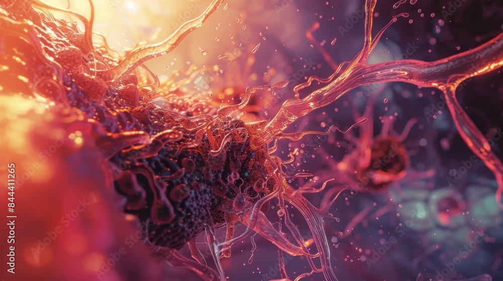 Poster an artistic representation of angiogenesis with abstract shapes and patterns symbolizing the growth 