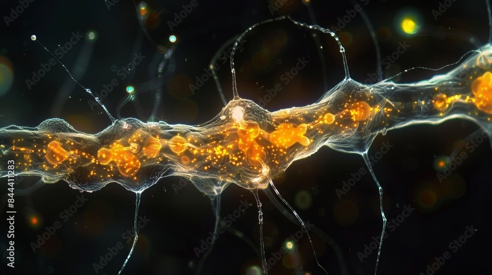Poster highly magnified image of a presynaptic neuron releasing neurotransmitters and recycling synaptic ve