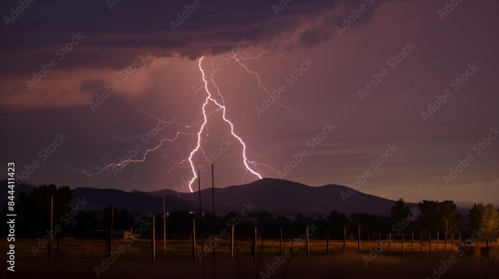 Poster lightning strikes over distant mountains, creating a dramatic and electrifying scene in the serene l