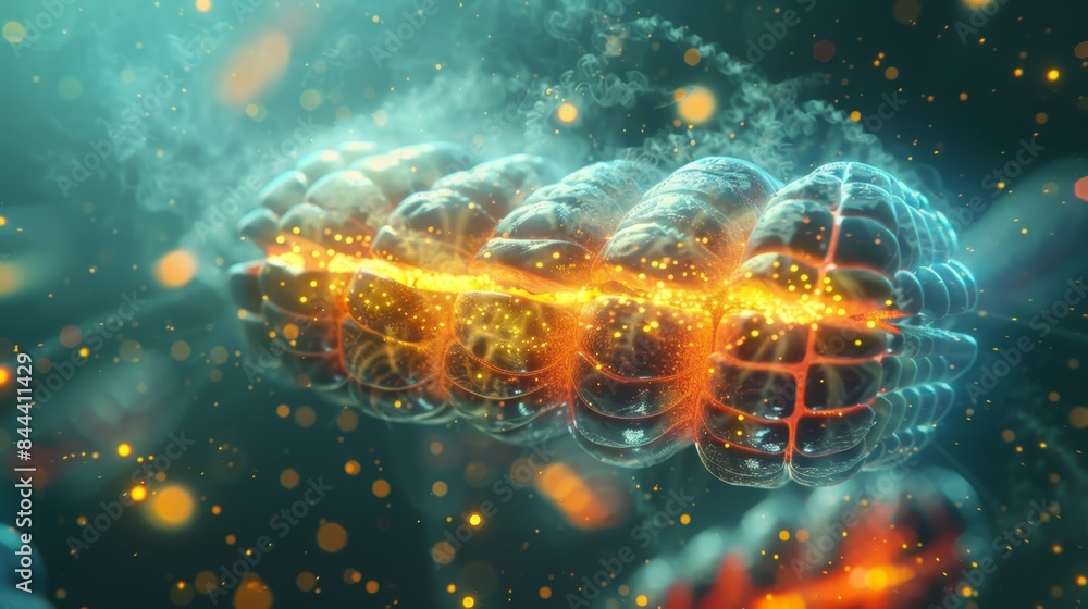 Poster dynamic visualization of atp production in a mitochondrion showing the movement of protons and the s