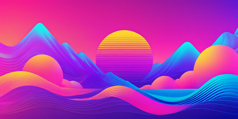 Vivid, abstract landscape with a neon sun setting over mountains. Perfect for music festivals, tech events, or designs needing a vibrant and energetic feel.
