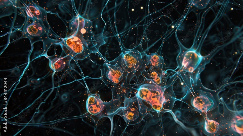 Poster a microscopic view of satellite cells providing physical support and nourishment to nerve cells in t