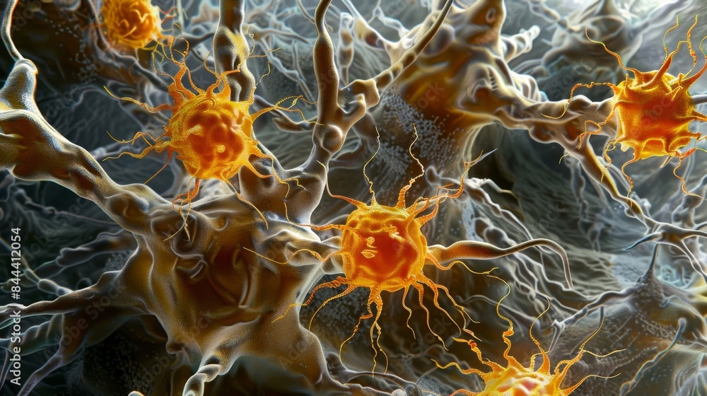 Poster a magnified view of microglia cells displaying their ability to change shape and migrate to the site