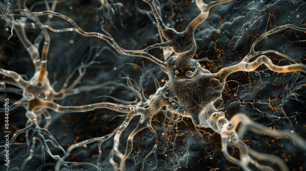 Poster a section of white matter in the brain with a network of neuroglia cells visible responsible for mai